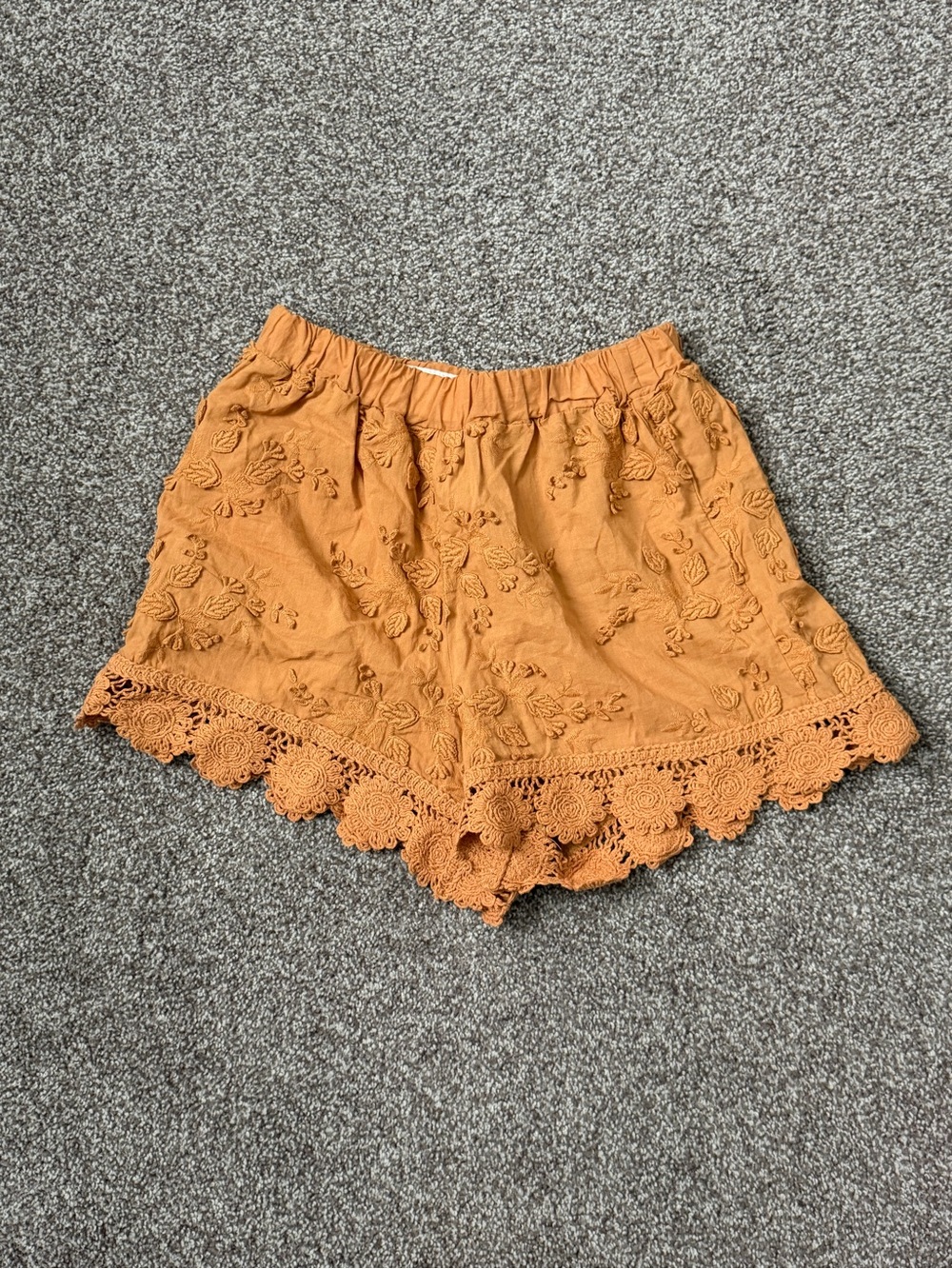 Zara Embroidered Crochet-Hem High-Waist Shorts in Rust Orange